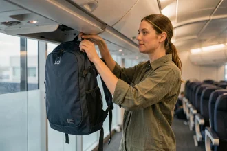Femme insérant un sac à dos de voyage compact dans le compartiment bagage cabine d'un avion