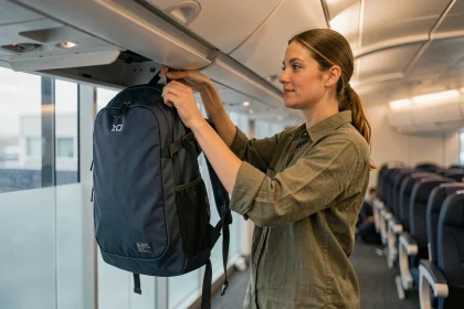 Femme insérant un sac à dos de voyage compact dans le compartiment bagage cabine d'un avion