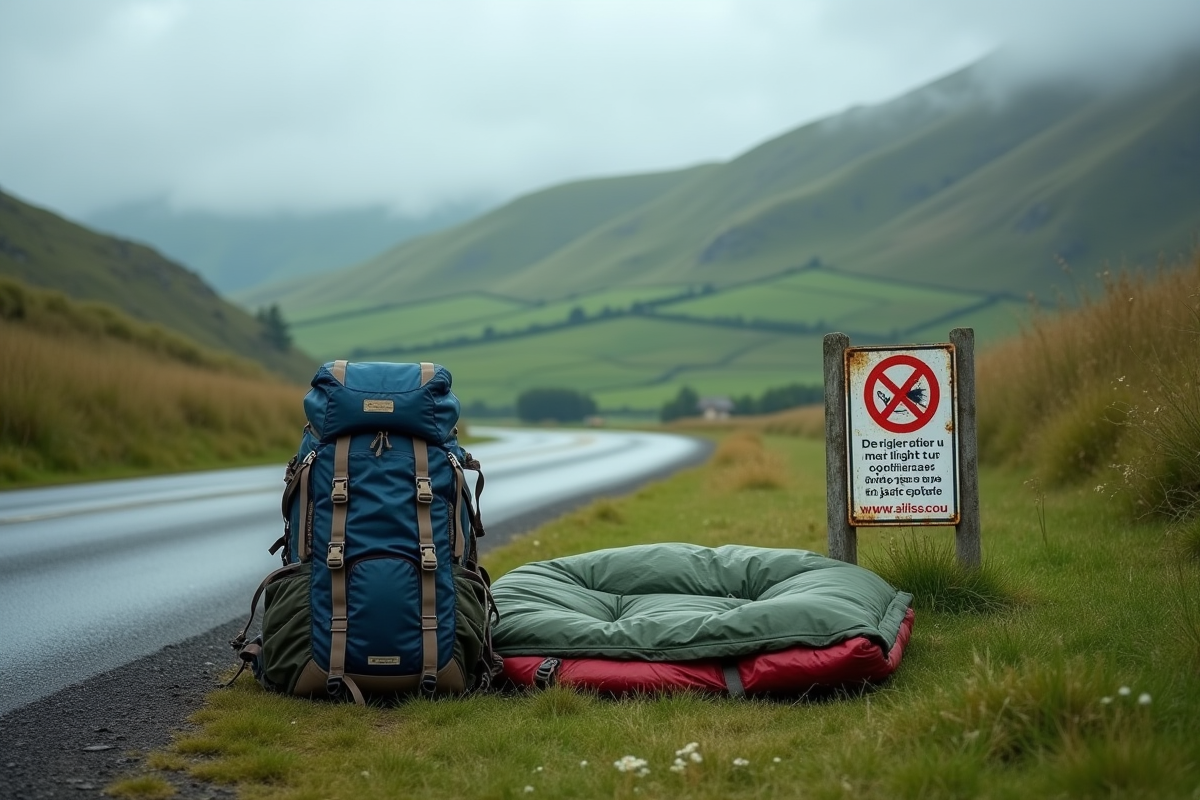 Sac à dos et sac de couchage près d