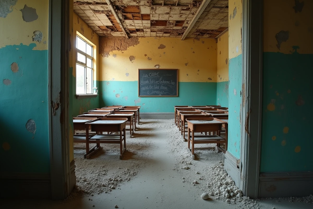 Intérieur d'une salle de classe abandonnée dans une ville fantôme avec bureaux renversés et tableau effacé