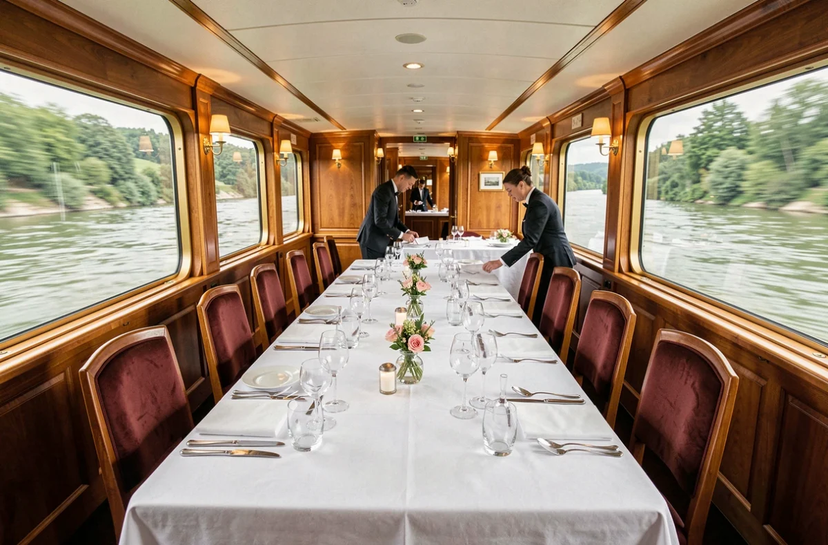 Salle à manger intérieure d'un bateau de croisière fluviale sur le Rhône élégamment dressée