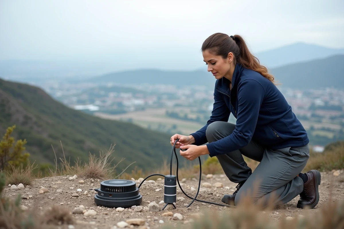 Scientifique installant un capteur sismique sur le terrain près des Champs Phlégréens à Naples, Italie