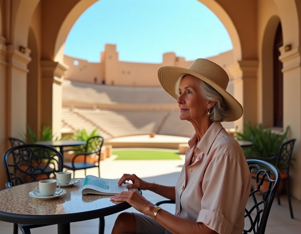 Femme senior en contemplation devant l'amphithéâtre d'El Jem en Tunisie, site historique accessible pour les retraités