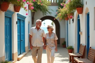 Couple de seniors se promenant dans les ruelles de Sidi Bou Said en Tunisie, destination touristique calme et accessible