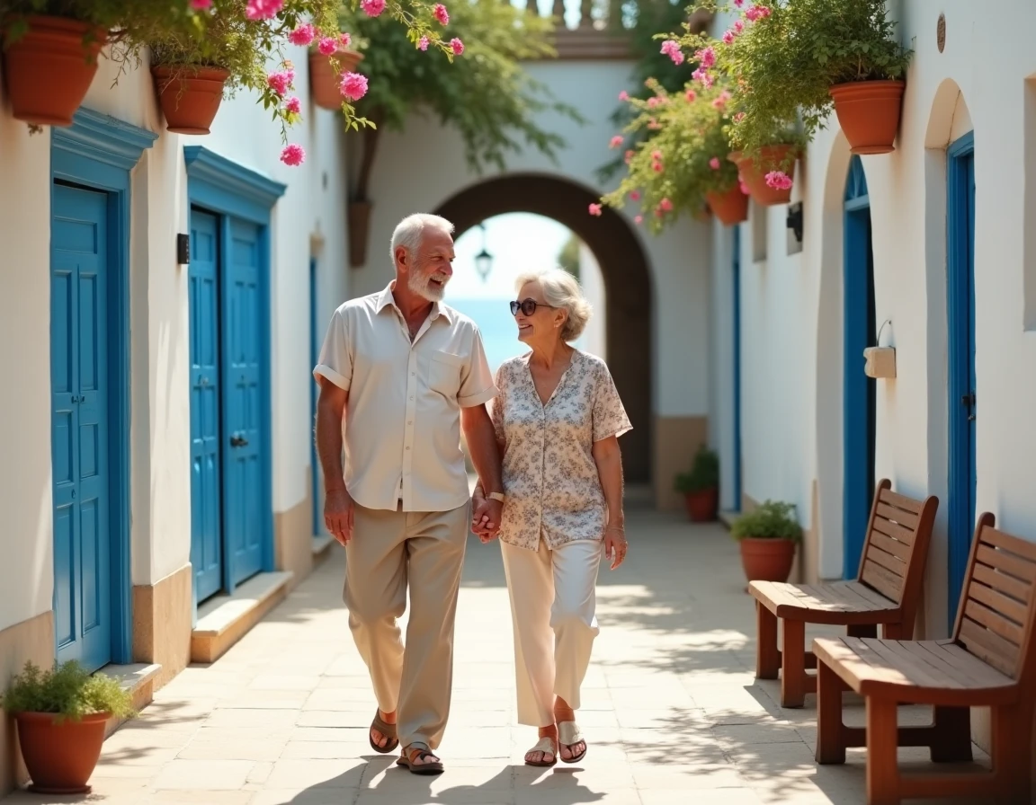 Couple de seniors se promenant dans les ruelles de Sidi Bou Said en Tunisie, destination touristique calme et accessible