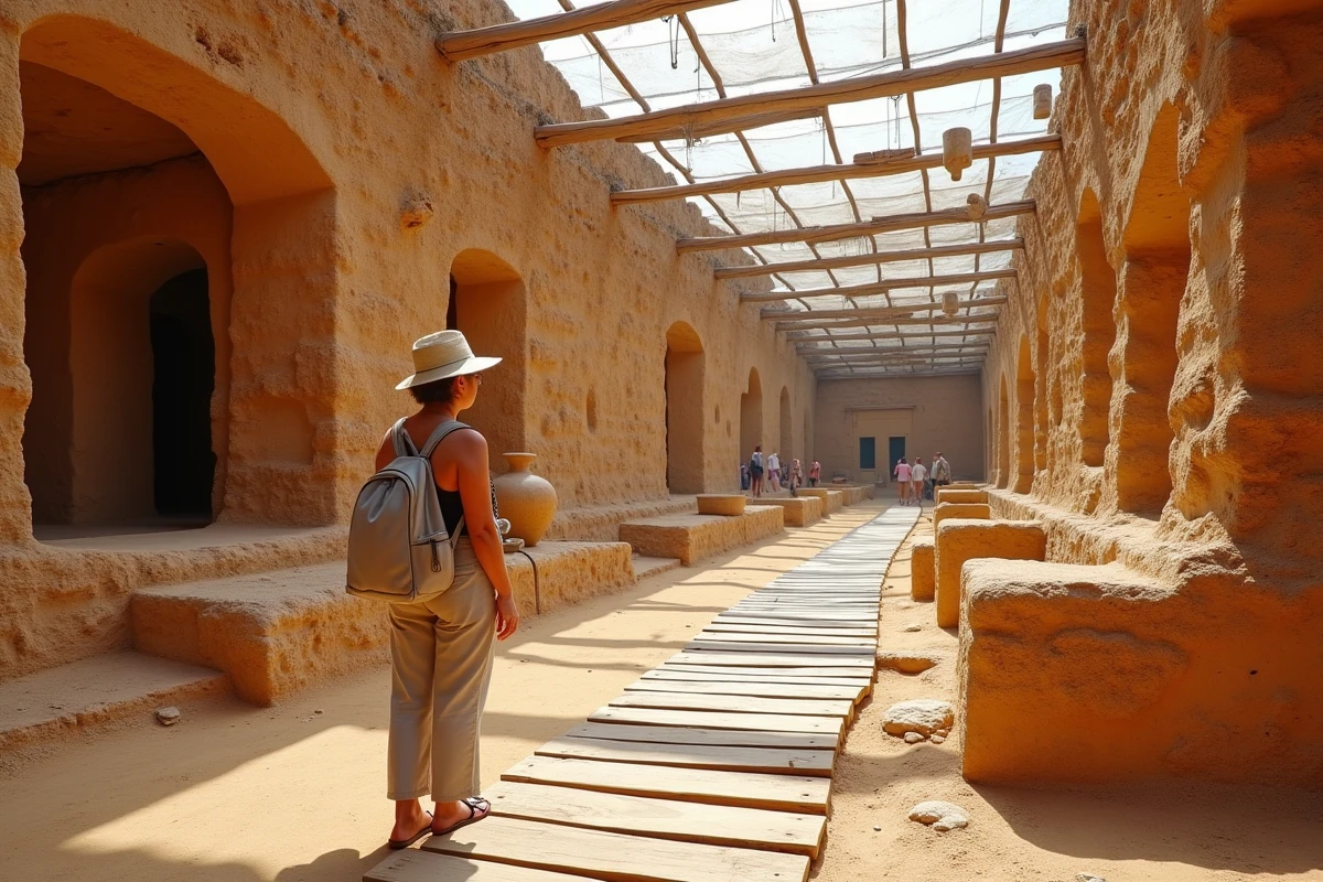 Site archéologique d'Akrotiri à Santorin avec visiteur observant des ruines minoennes sous le hangar de protection