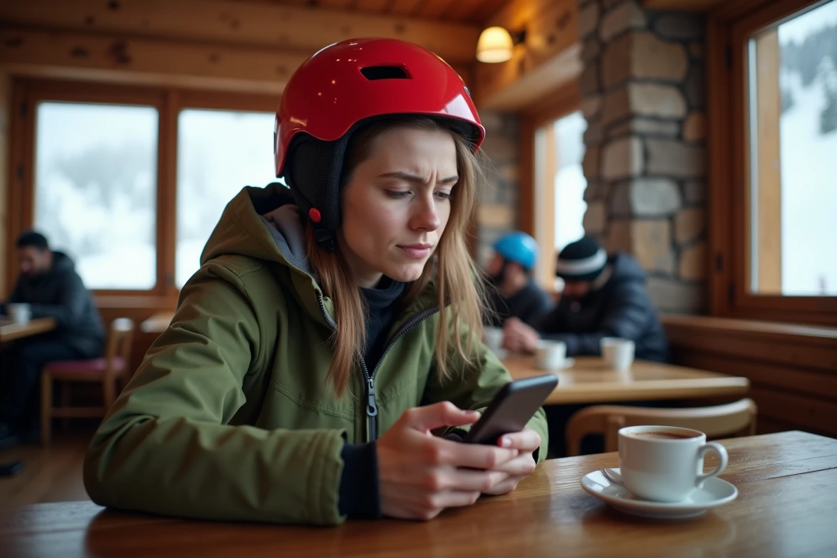 Skieuse frustrée consultant les prix d'un forfait de ski sur son smartphone dans un chalet de montagne