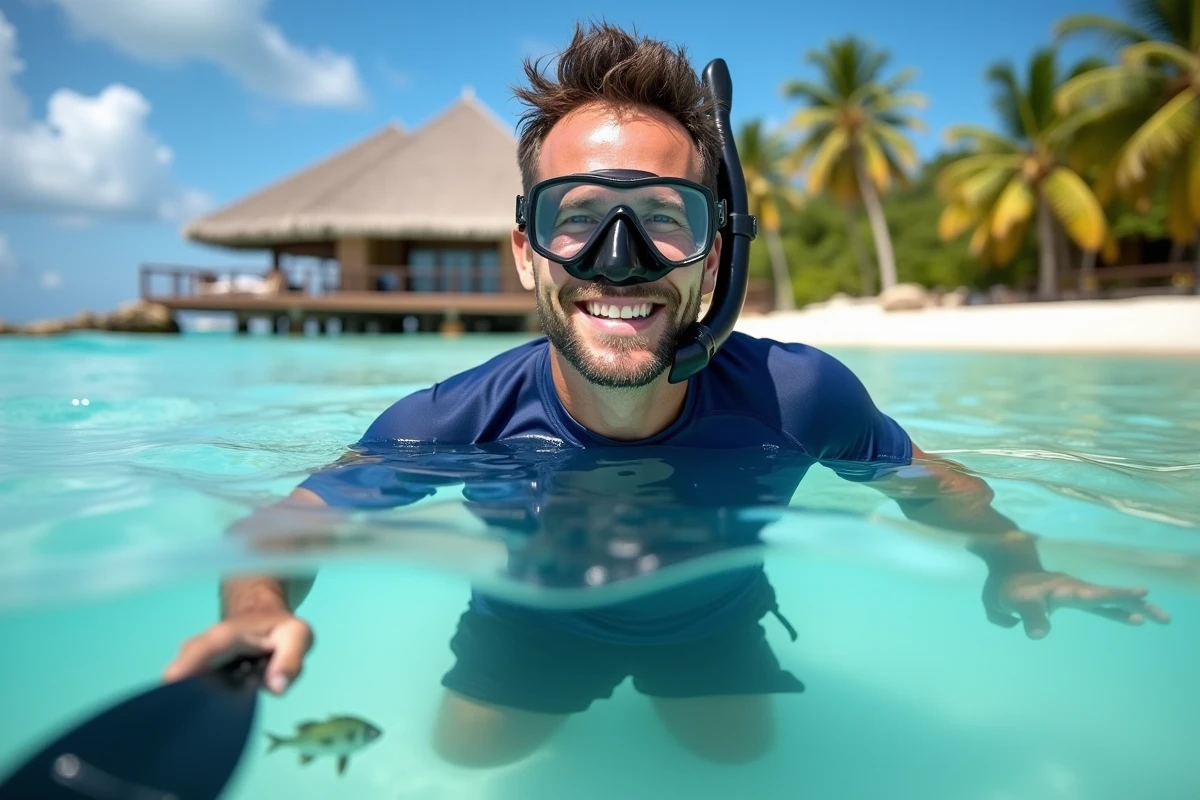 Homme en équipement de snorkeling dans les eaux transparentes d'une plage en Guadeloupe avec coraux visibles et bungalow de resort en arrière-plan