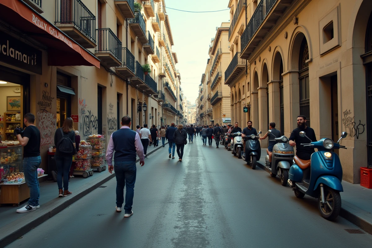 Vue en plongée sur Spaccanapoli avec vendeurs de rue, scooters et façades animées du centre de Naples