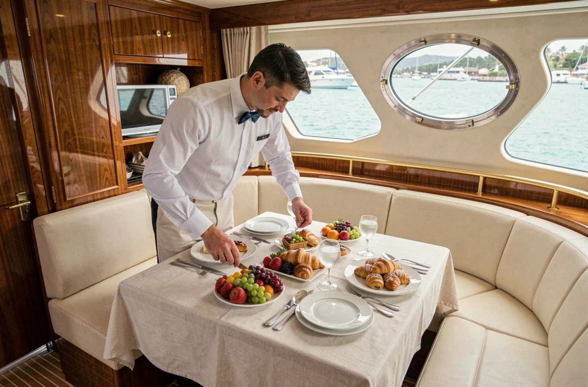 Steward en uniforme blanc dressant un petit-déjeuner gastronomique dans le salon d'un yacht de luxe