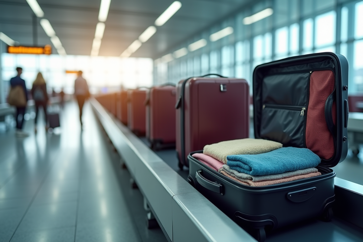Valises empilees sur un tapis roulant a l