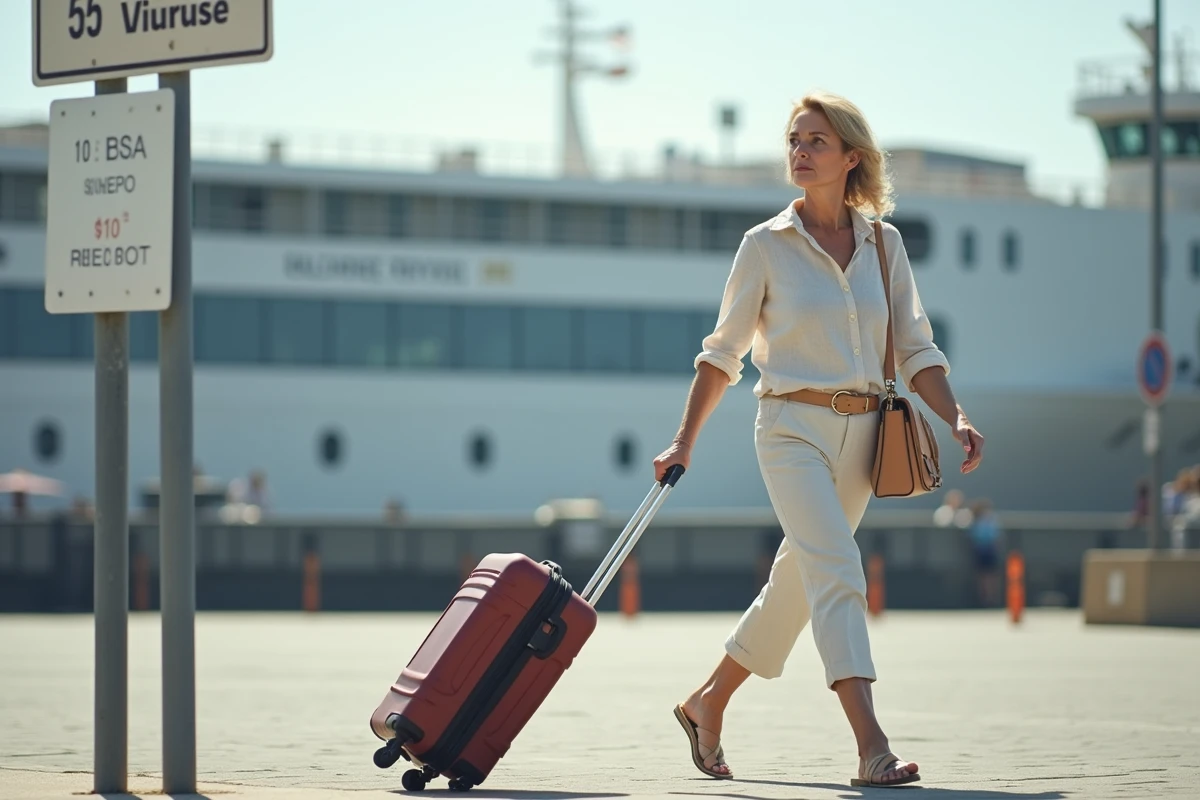 Femme consultant le panneau tarifaire d'un parking près du terminal de ferry pour Porquerolles à Hyères