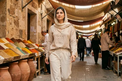 Femme en tenue légère en lin beige et pantalon blanc marchant dans un marché égyptien en été