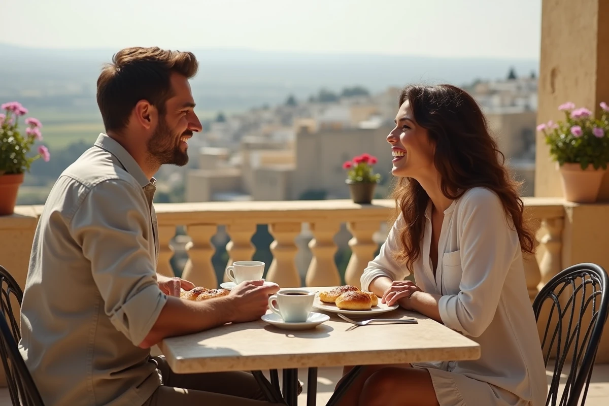 Couple savourant des pastizzi maltais en terrasse à Mdina avec vue panoramique sur la campagne de Malte