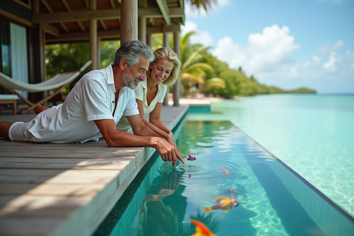 Couple sur la terrasse sur pilotis d'un hôtel de luxe en Guadeloupe observant les coraux et poissons tropicaux à travers un plancher en verre