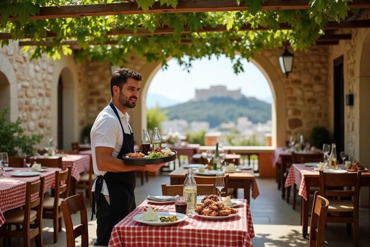 Terrasse de taverne traditionnelle grecque à Plaka avec des mezze, un serveur souriant et vue partielle sur l'Acropole en arrière-plan