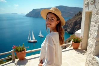 Femme en chapeau de paille sur une terrasse méditerranéenne avec vue sur une crique bleue et des voiliers