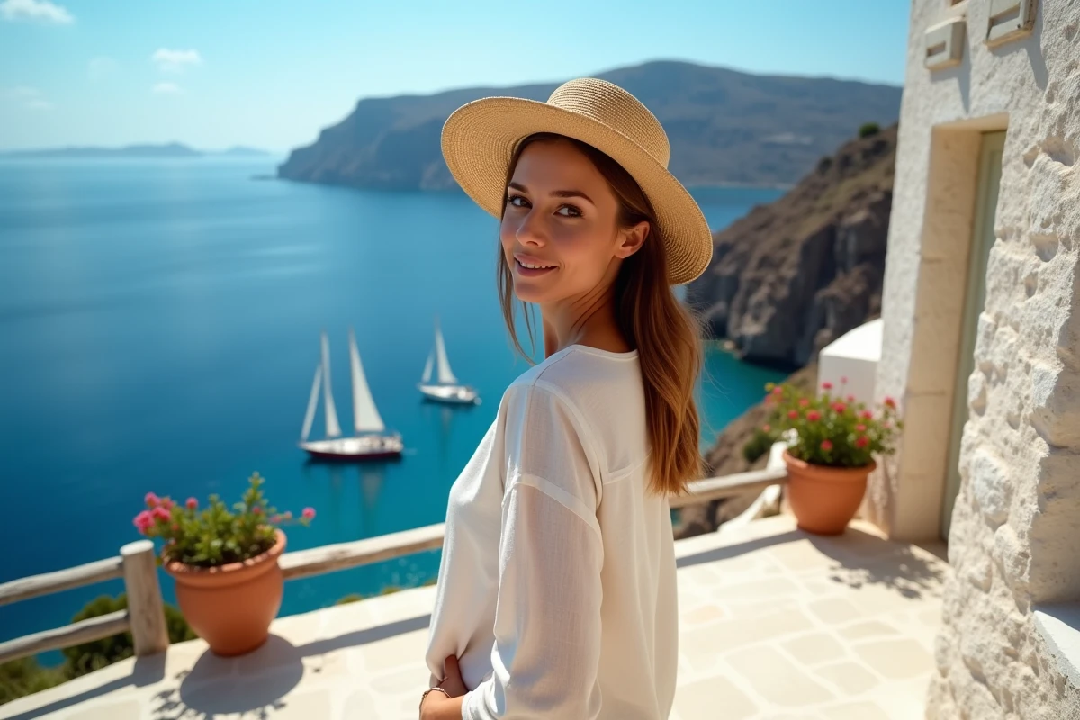Femme en chapeau de paille sur une terrasse méditerranéenne avec vue sur une crique bleue et des voiliers