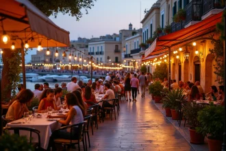 Terrasses de restaurants animées sur le front de mer de St Julian's à Malte au crépuscule