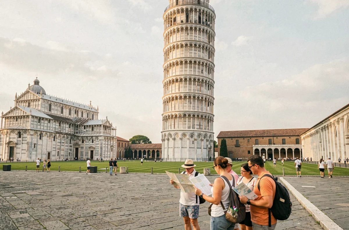 Vue grand angle de la tour de Pise avec des touristes consultant un guide de visite sur la Piazza dei Miracoli