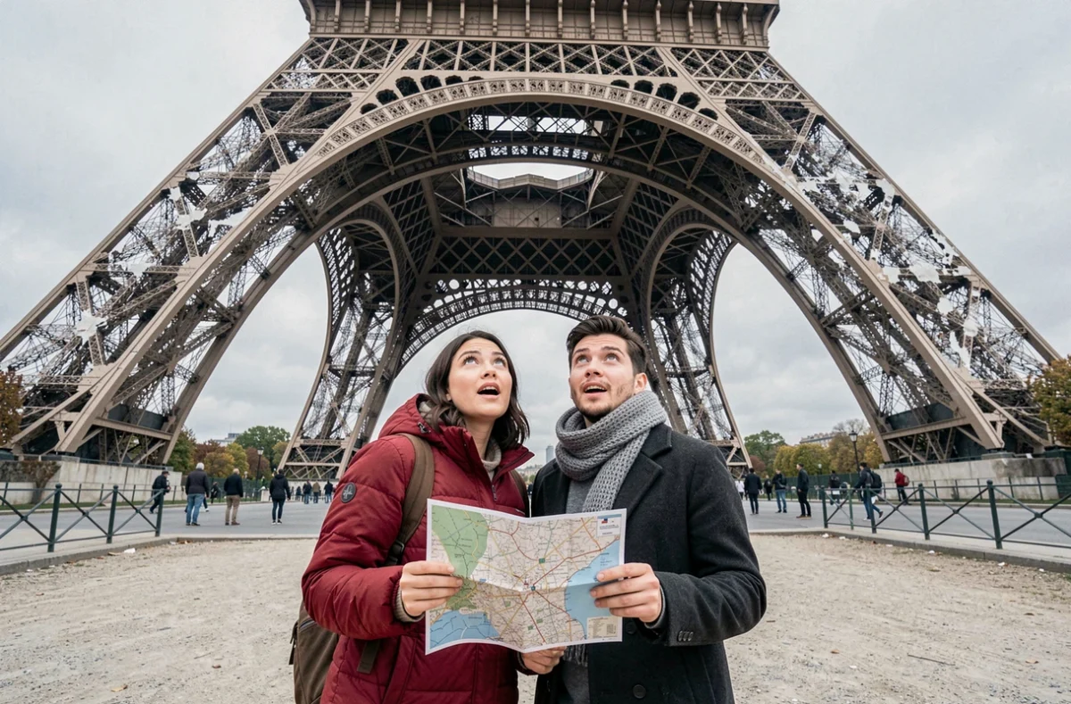 Deux amis regardant vers le sommet de la Tour Eiffel depuis sa base sur le Champ-de-Mars avec une carte touristique à la main