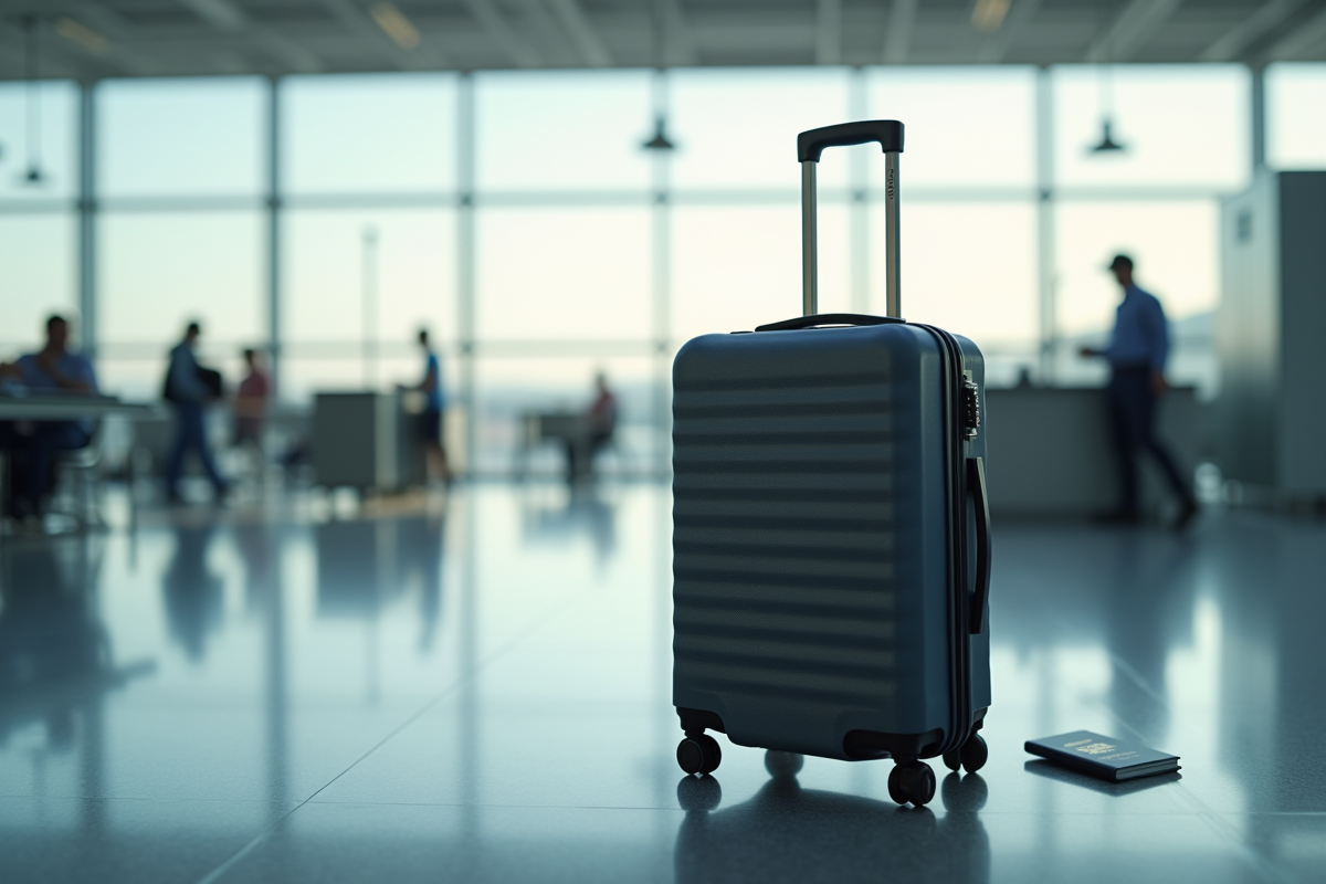 Valise compacte et passeport sur comptoir d