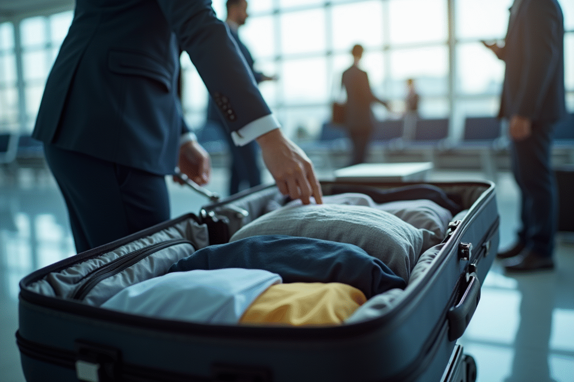 Valise ouverte inspectee par un controleur a la douane
