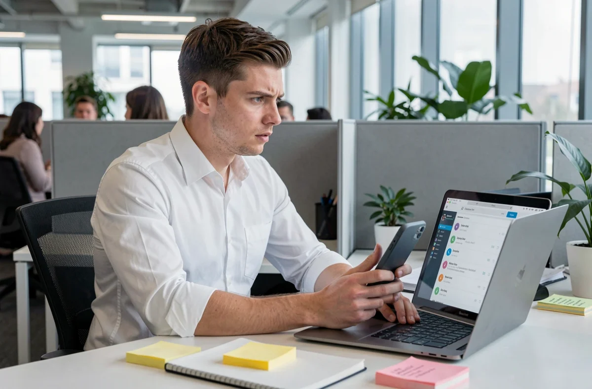 Homme au bureau vérifiant des appels manqués depuis l'indicatif téléphonique +49 sur smartphone et ordinateur