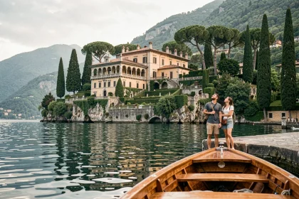 Vue depuis le lac de Come de la Villa del Balbianello, décor de Star Wars, avec des visiteurs sur le ponton
