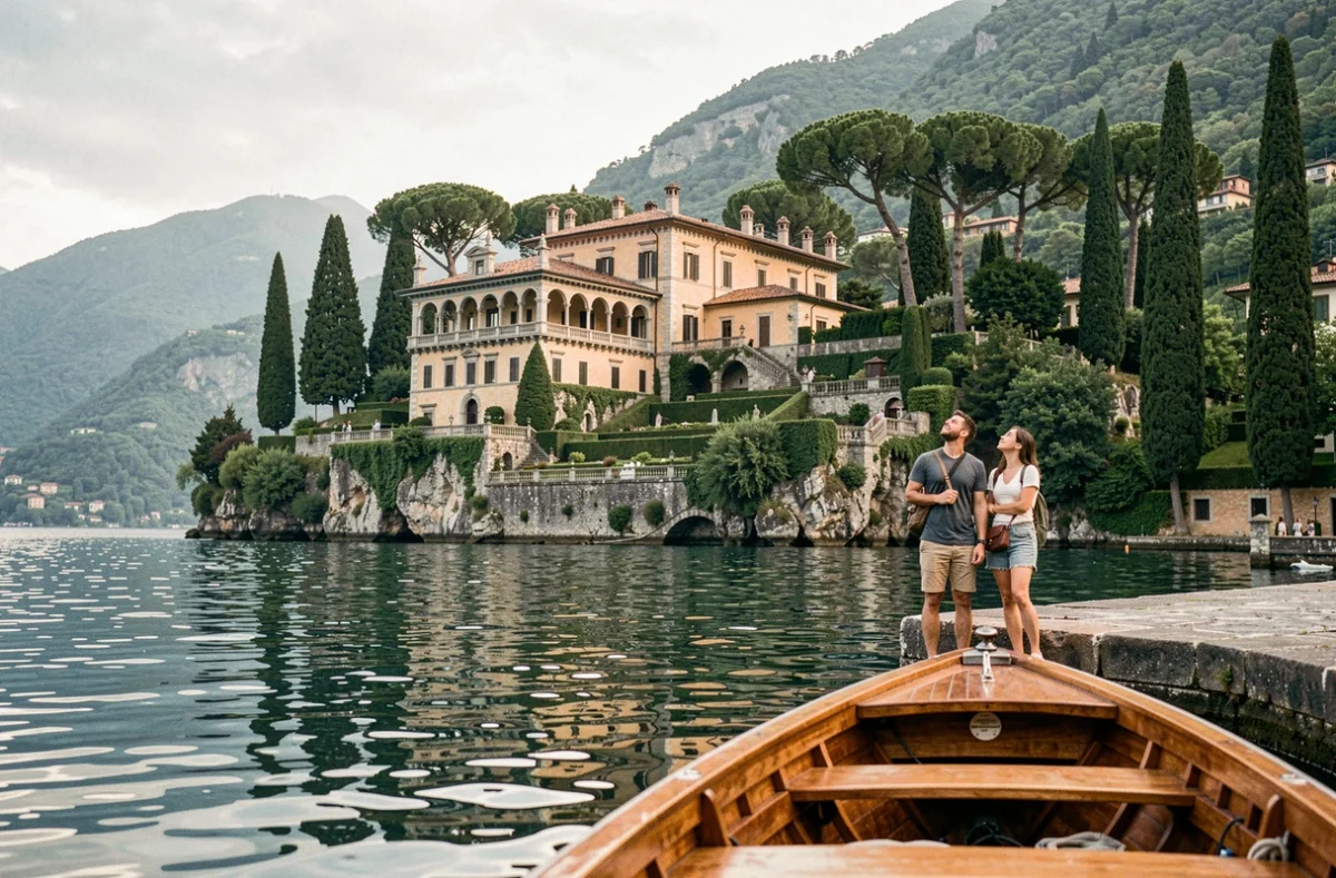 Vue depuis le lac de Come de la Villa del Balbianello, décor de Star Wars, avec des visiteurs sur le ponton