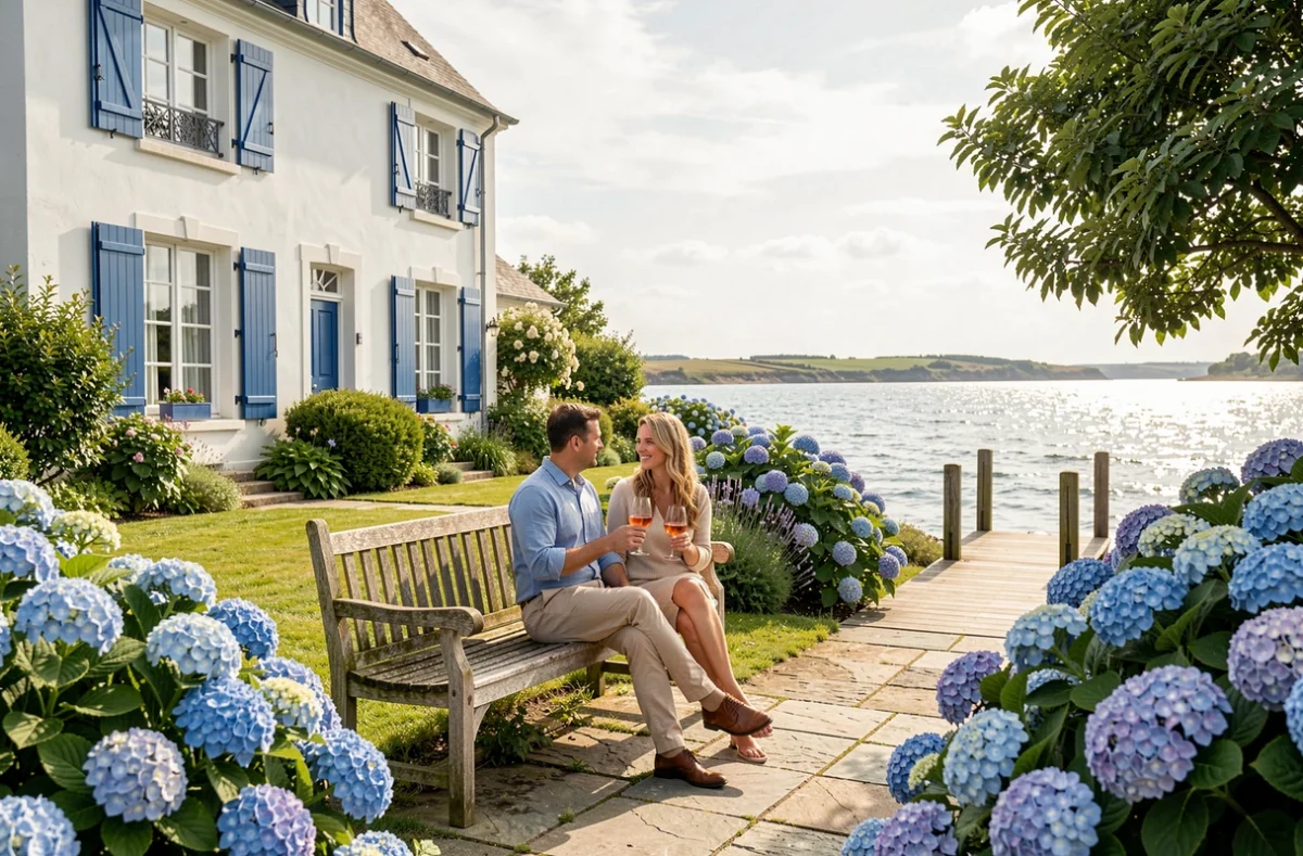 Villa Tri Men à Combrit avec jardin fleuri d'hortensias et vue sur l'estuaire de l'Odet