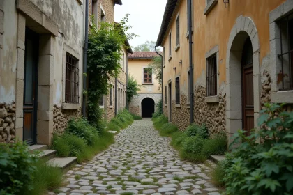 Rue abandonnée d'un village français avec façades en pierre et pavés envahis par la végétation