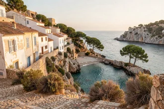 Village côtier blanc espagnol perché sur une falaise rocheuse avec vue sur une crique turquoise en Méditerranée