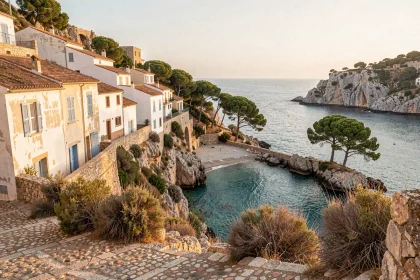 Village côtier blanc espagnol perché sur une falaise rocheuse avec vue sur une crique turquoise en Méditerranée