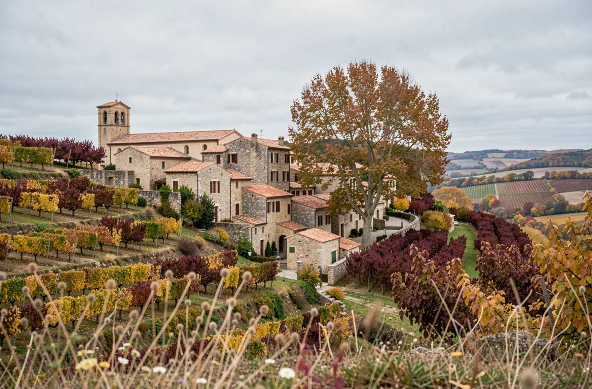 Village perché en Ardèche entouré de vignes et châtaigniers aux couleurs automnales