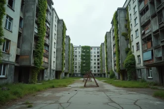 Vue grand angle d'une ville industrielle abandonnée avec immeubles en béton dégradé et rues désertes fissurées