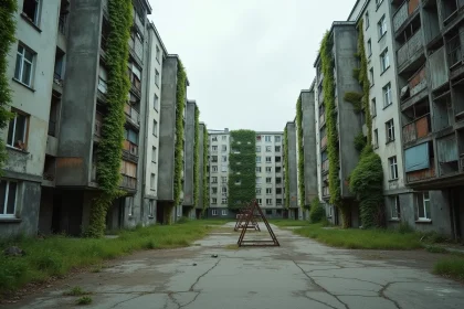 Vue grand angle d'une ville industrielle abandonnée avec immeubles en béton dégradé et rues désertes fissurées
