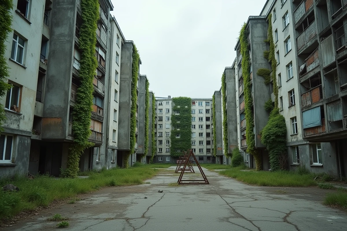 Vue grand angle d'une ville industrielle abandonnée avec immeubles en béton dégradé et rues désertes fissurées