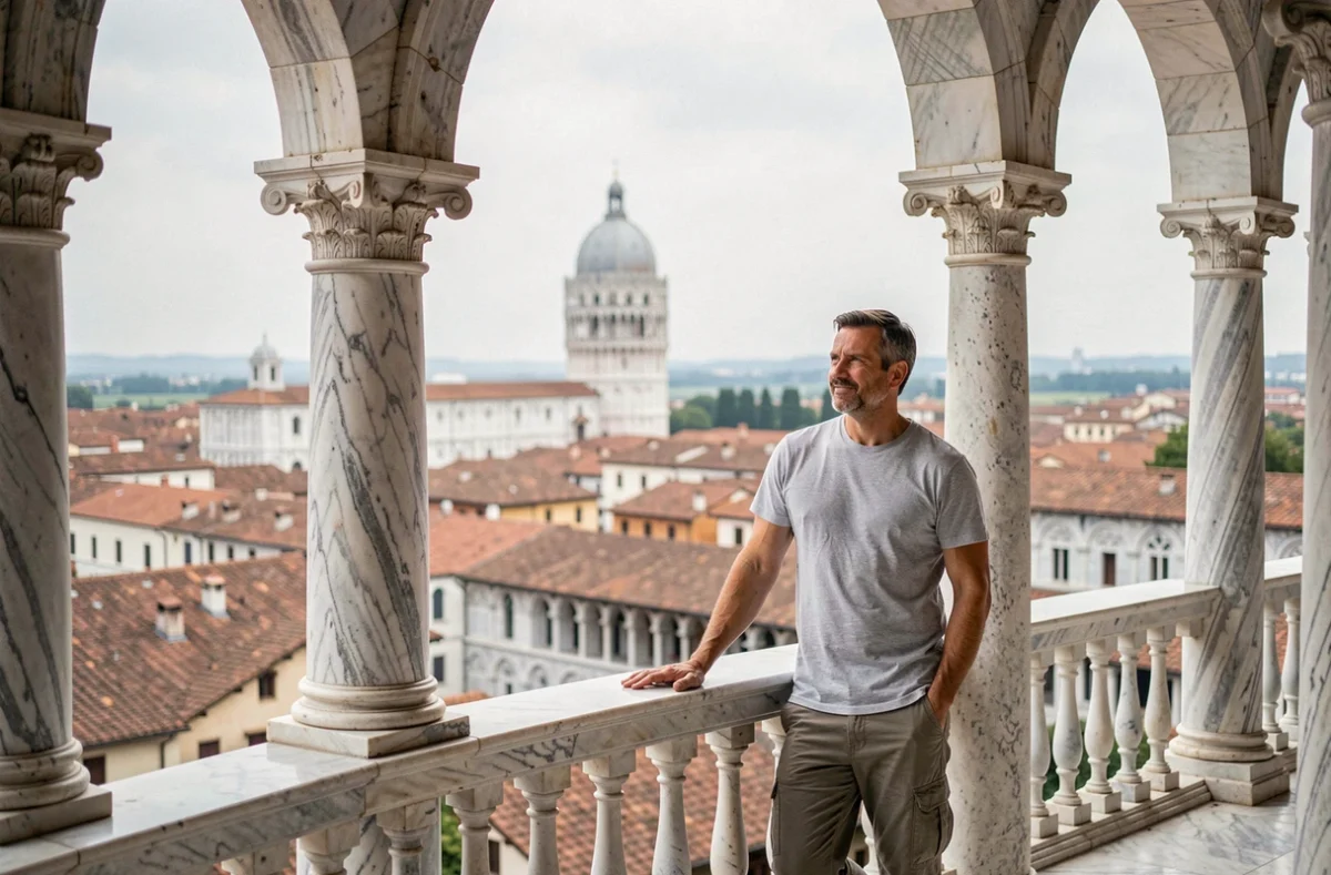 Touriste admirant la vue depuis les galeries intérieures de la tour de Pise lors d'une visite guidée