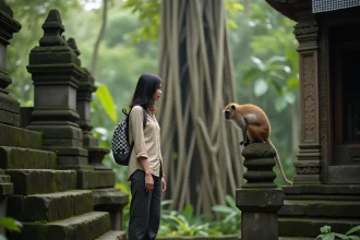Voyageuse observant un macaque sur une statue de temple dans la Monkey Forest d'Ubud à Bali