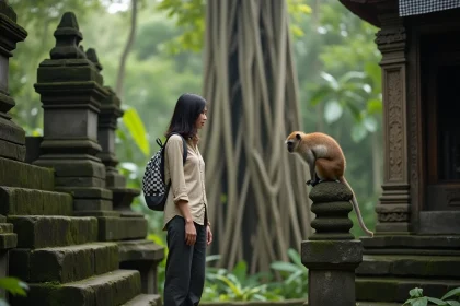 Voyageuse observant un macaque sur une statue de temple dans la Monkey Forest d'Ubud à Bali