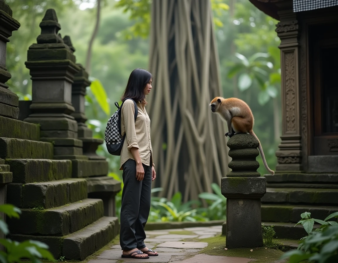 Voyageuse observant un macaque sur une statue de temple dans la Monkey Forest d'Ubud à Bali