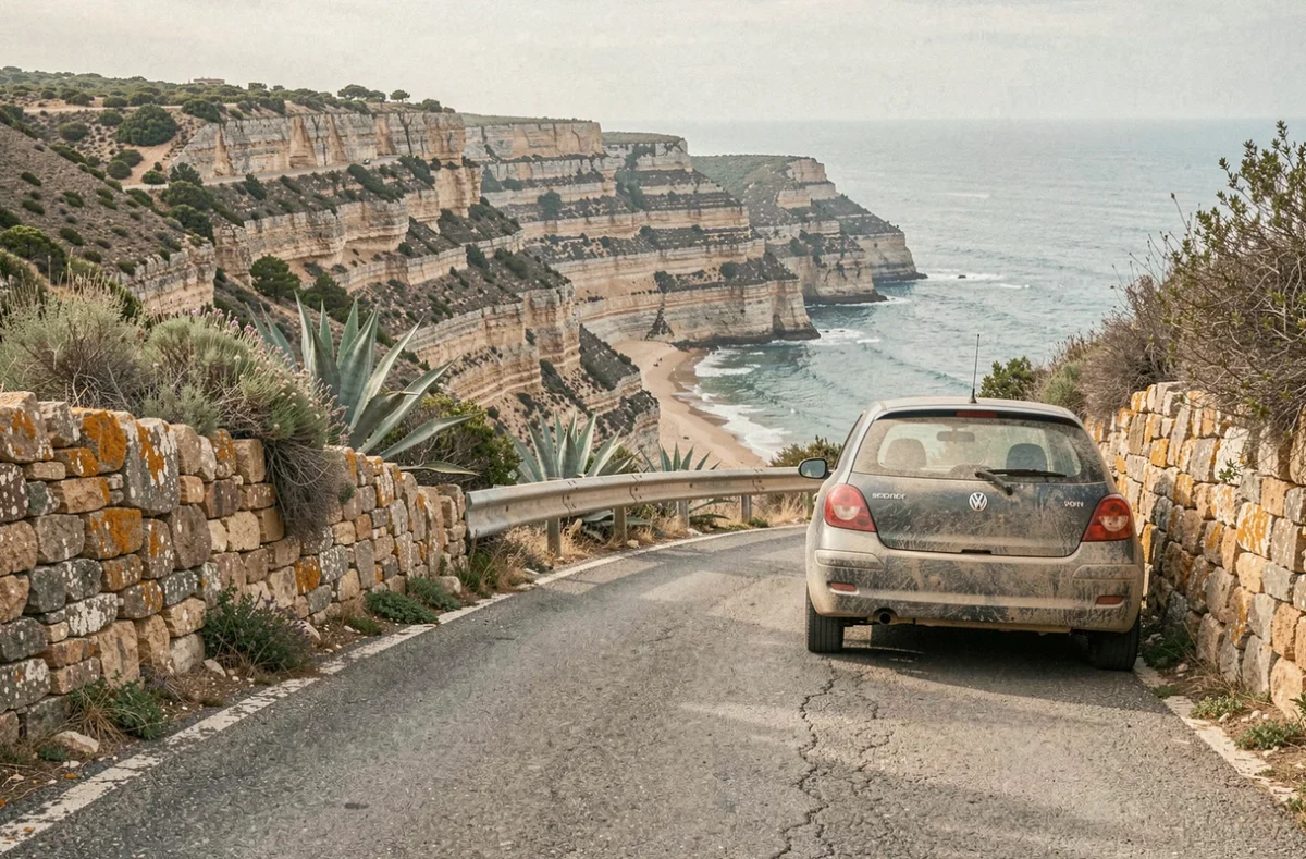 Voiture garée sur une route côtière espagnole sinueuse avec vue sur une plage cachée en contrebas
