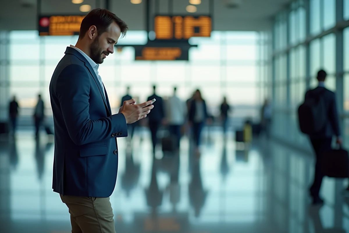 Voyageur dans un aéroport consultant son téléphone pour activer une eSIM, contexte d'un avis sur Saily