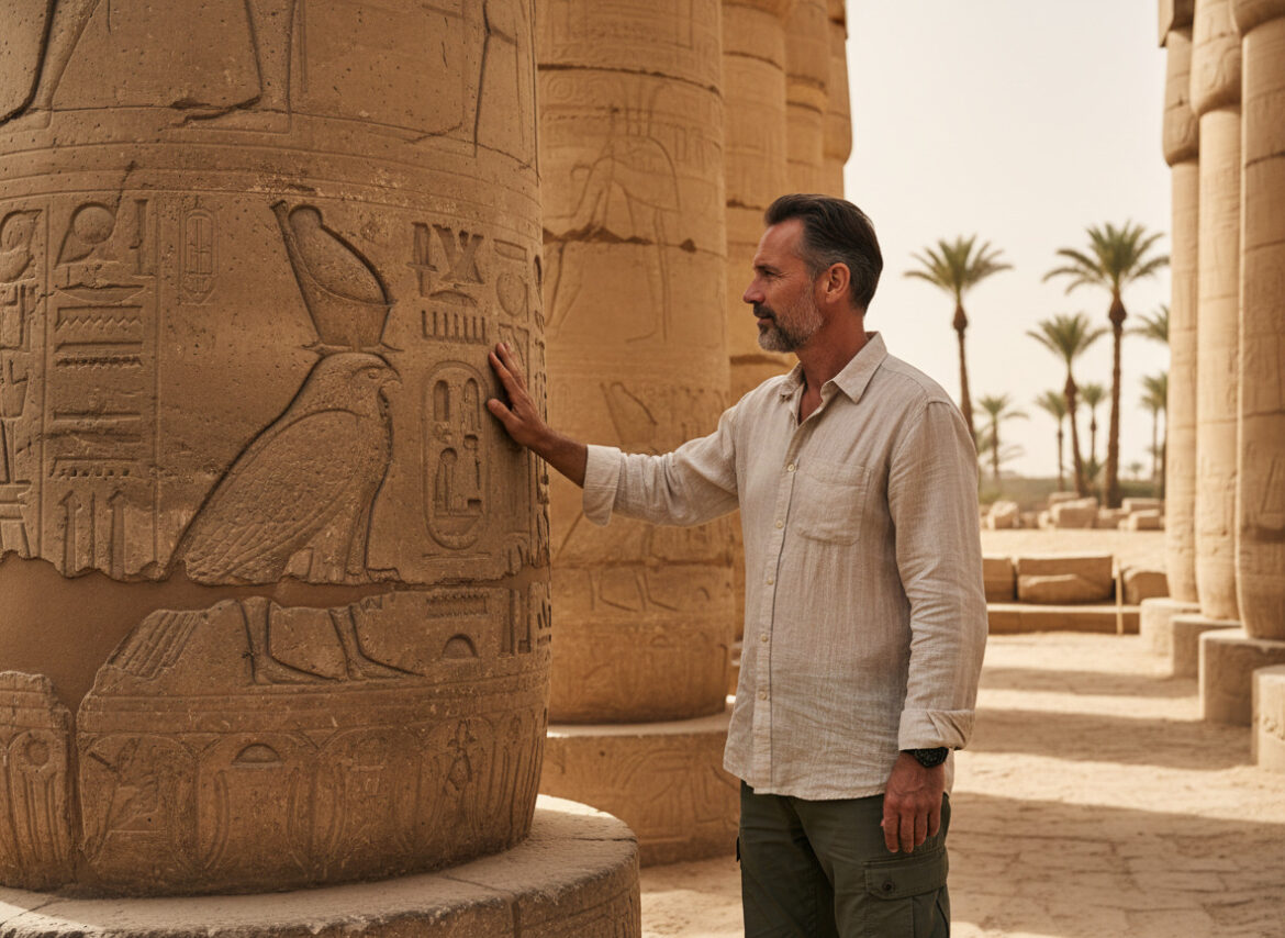 Voyageur regardant un hiéroglyphe ancien en Egypte