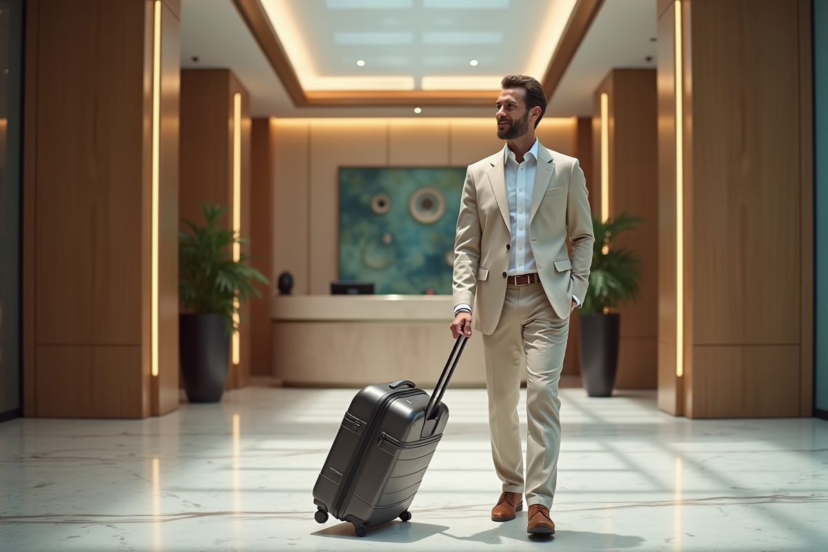 Homme seul entrant dans un lobby d