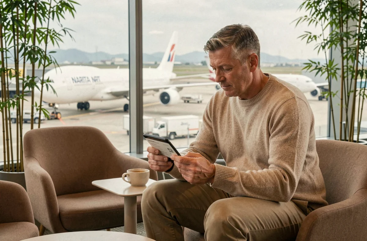 Voyageur adulte consultant sa carte d'embarquement dans le salon rénové de l'aéroport Narita NRT avec vue sur le tarmac en 2026