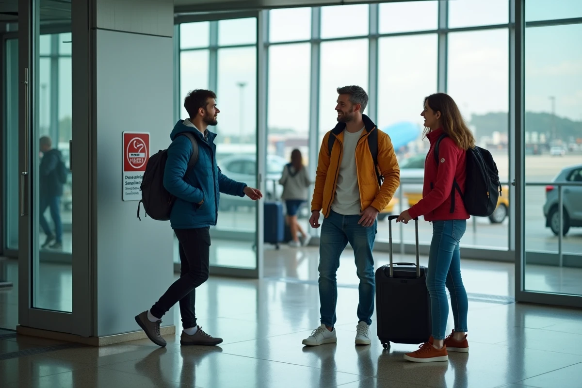 Groupe de voyageurs devant l'entrée d'un aéroport espagnol découvrant la signalisation des zones fumeurs