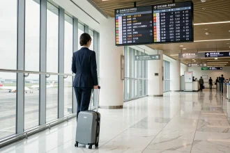 Voyageuse japonaise traversant le terminal de l'aéroport Narita NRT avec une valise moderne devant un panneau de départs numérique en 2026