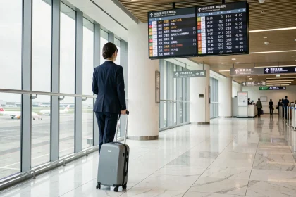 Voyageuse japonaise traversant le terminal de l'aéroport Narita NRT avec une valise moderne devant un panneau de départs numérique en 2026